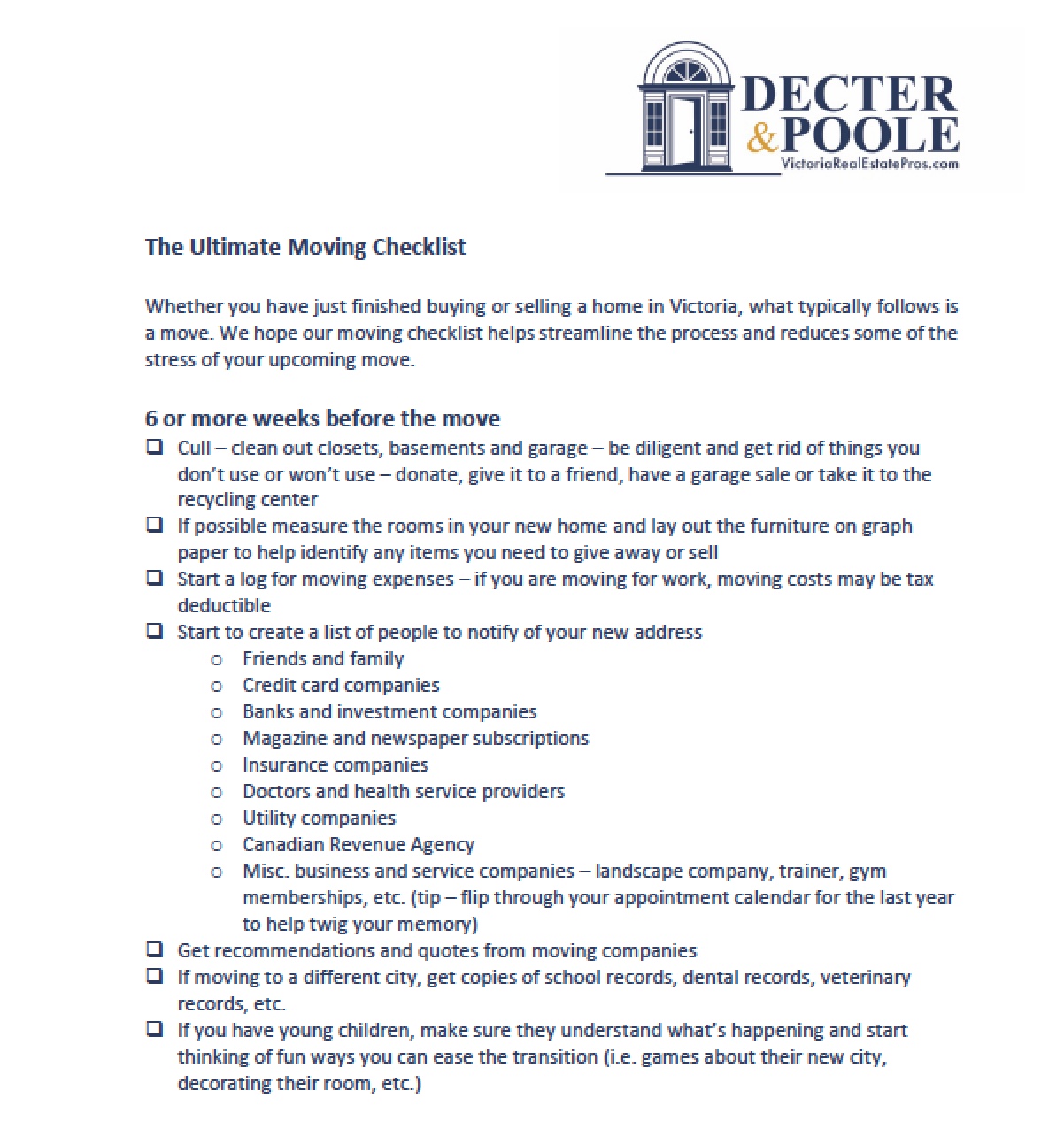 New Home purchase Moving Checklist 