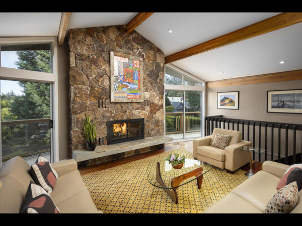 floor to ceiling Stone fireplace
